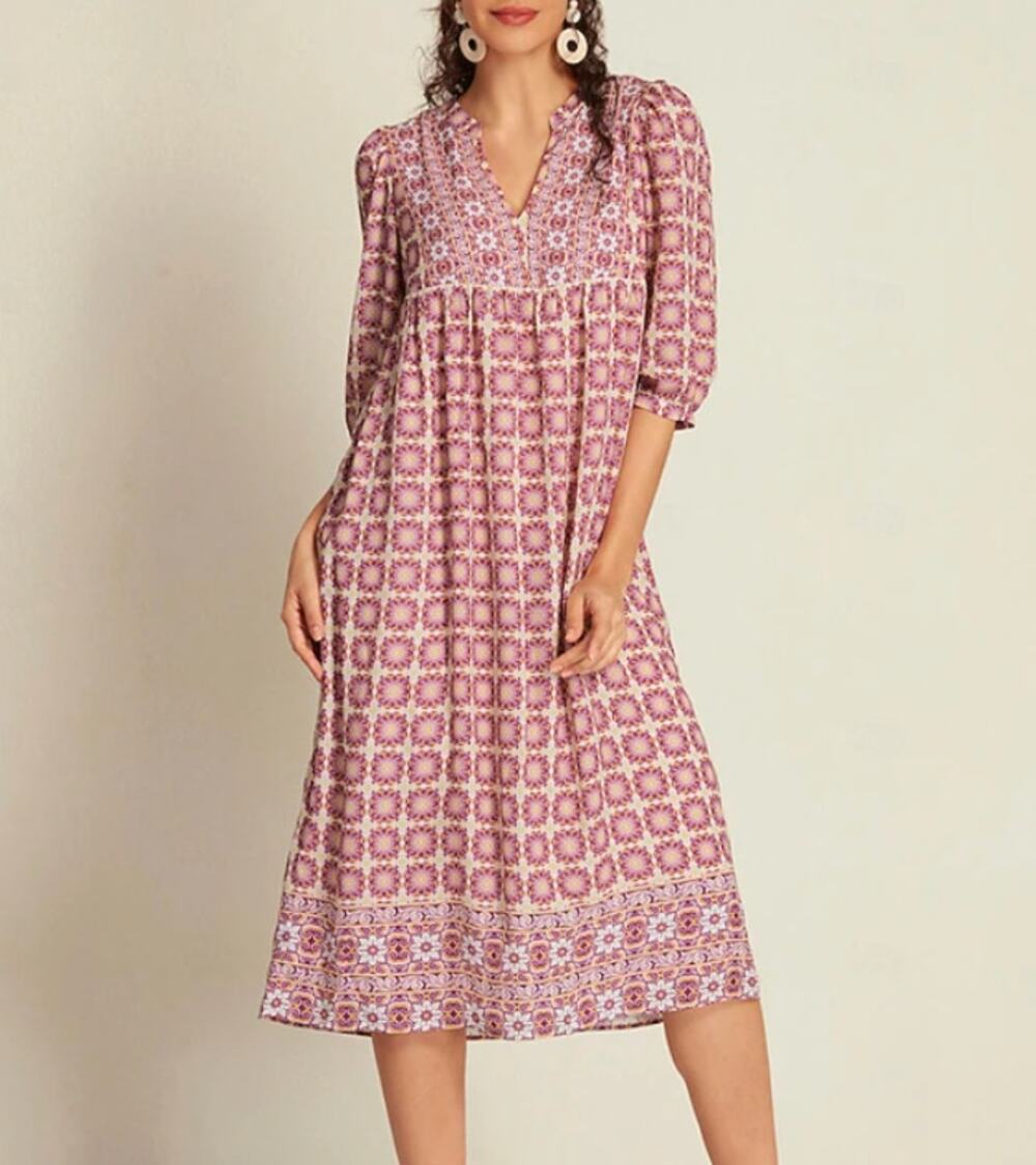 ADOR Pink Boho Floral Geometric V Neck Midi Dress Size Large NEW